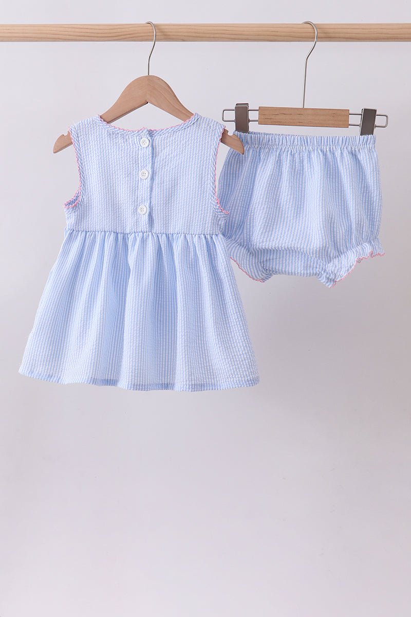 Blue seersucker bow smocked bloomer set - Abbies Place