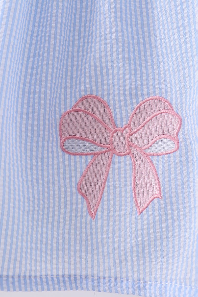 Blue seersucker bow smocked dress - Abbies Place