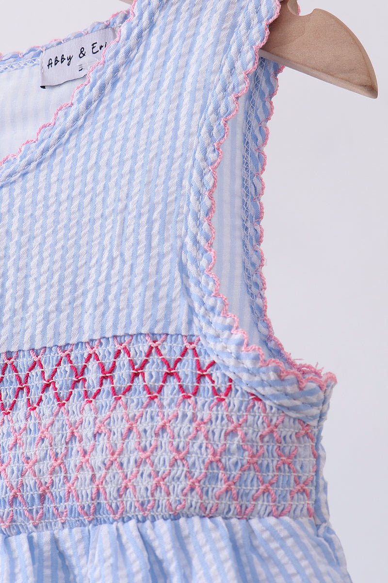 Blue seersucker bow smocked dress - Abbies Place
