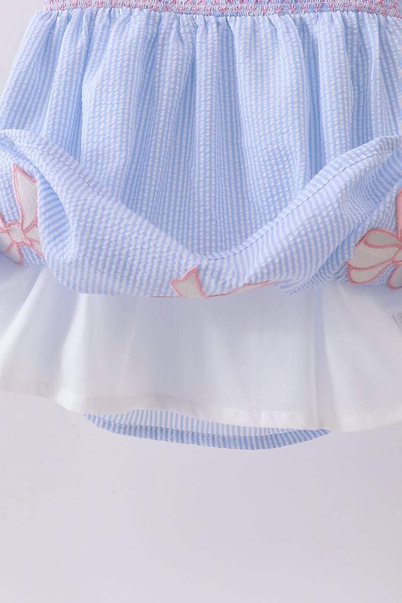 Blue seersucker bow smocked dress - Abbies Place