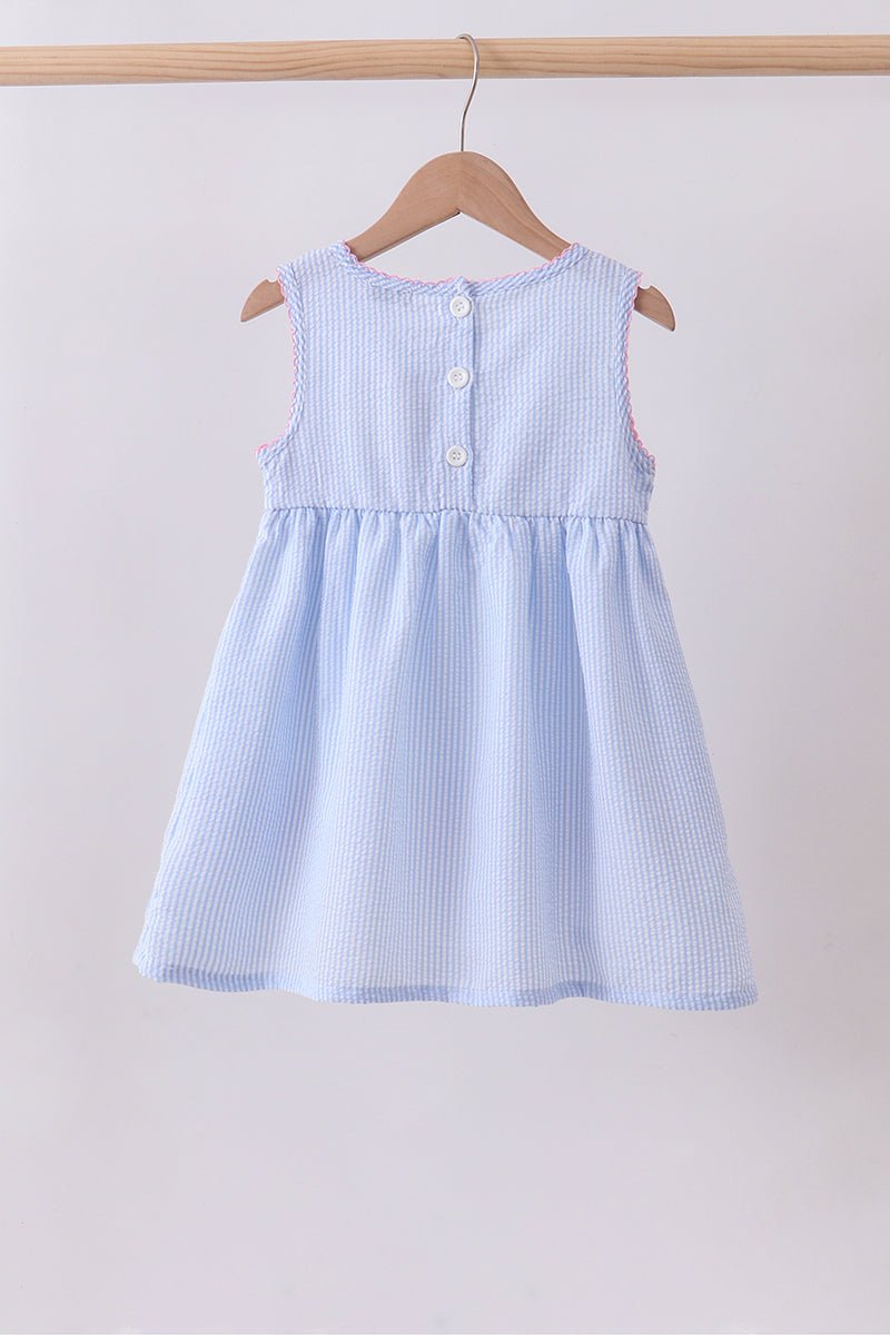 Blue seersucker bow smocked dress - Abbies Place