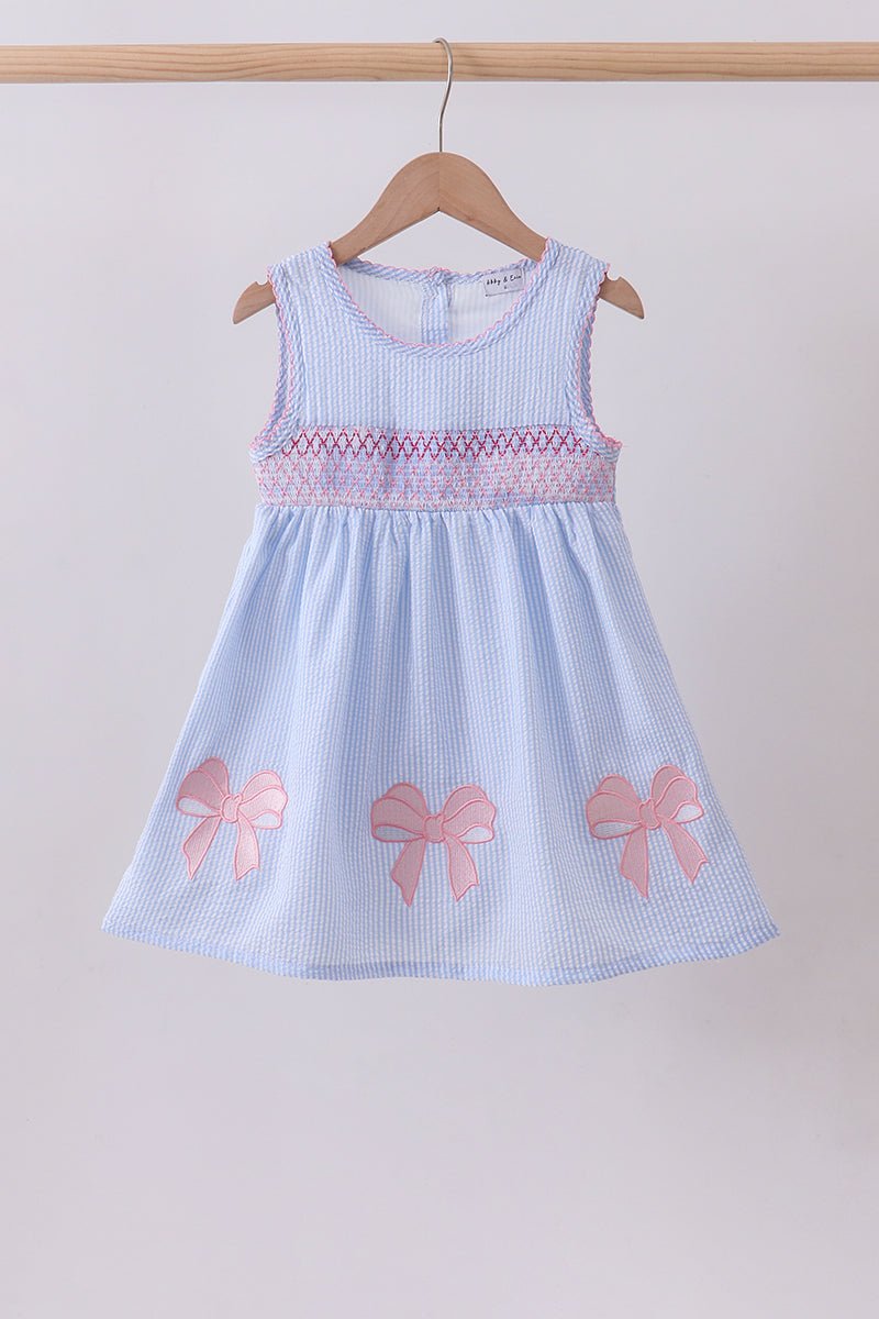 Blue seersucker bow smocked dress - Abbies Place