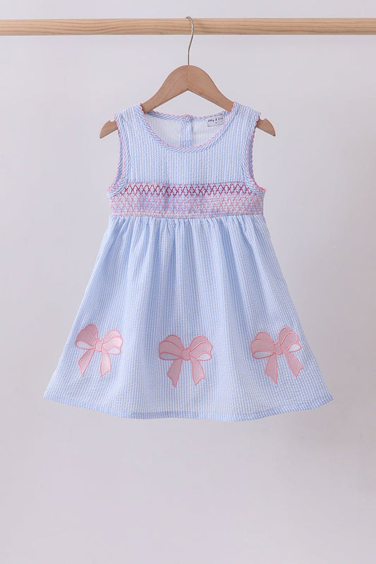 Blue seersucker bow smocked dress - Abbies Place
