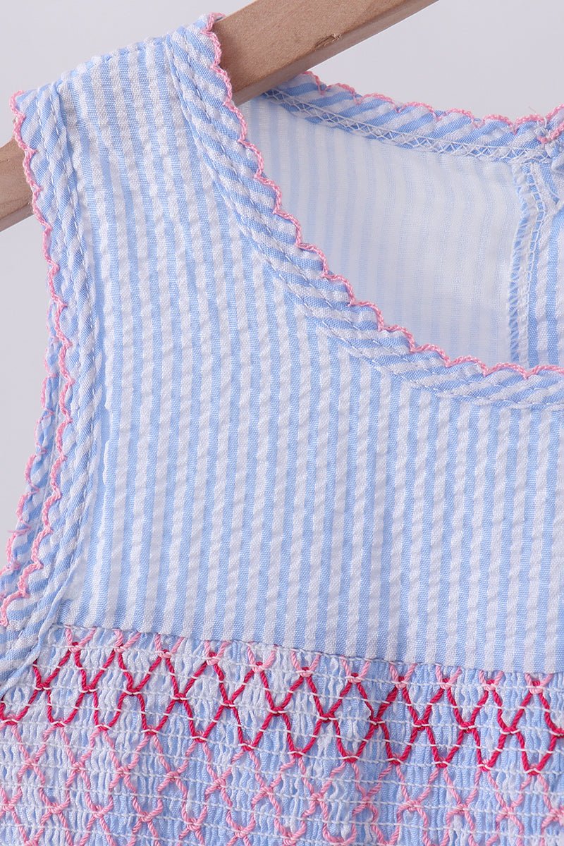 Blue seersucker bow smocked dress - Abbies Place