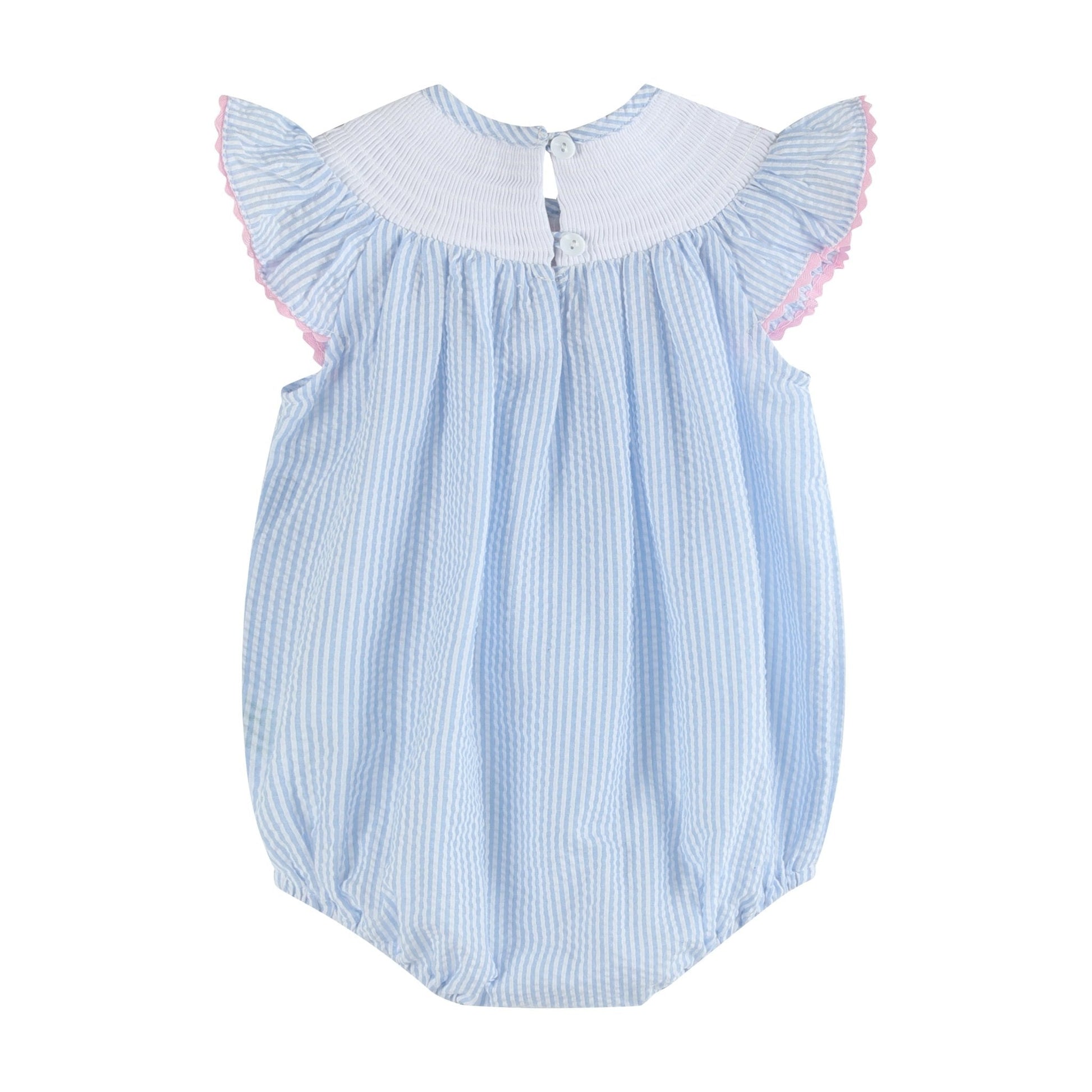 Blue Seersucker Bow Smocked Flutter Romper - Abbies Place