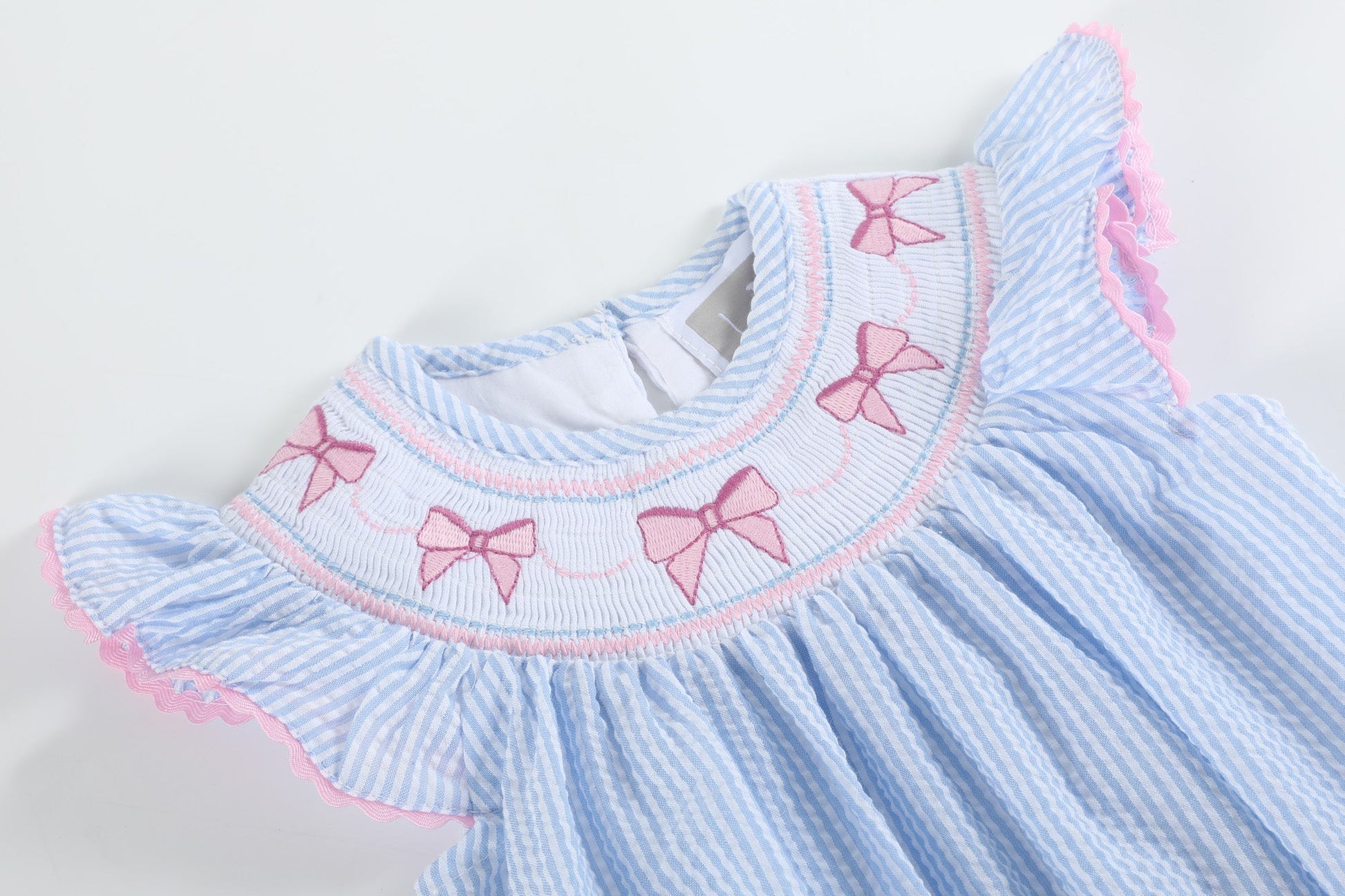Blue Seersucker Bow Smocked Flutter Romper - Abbies Place