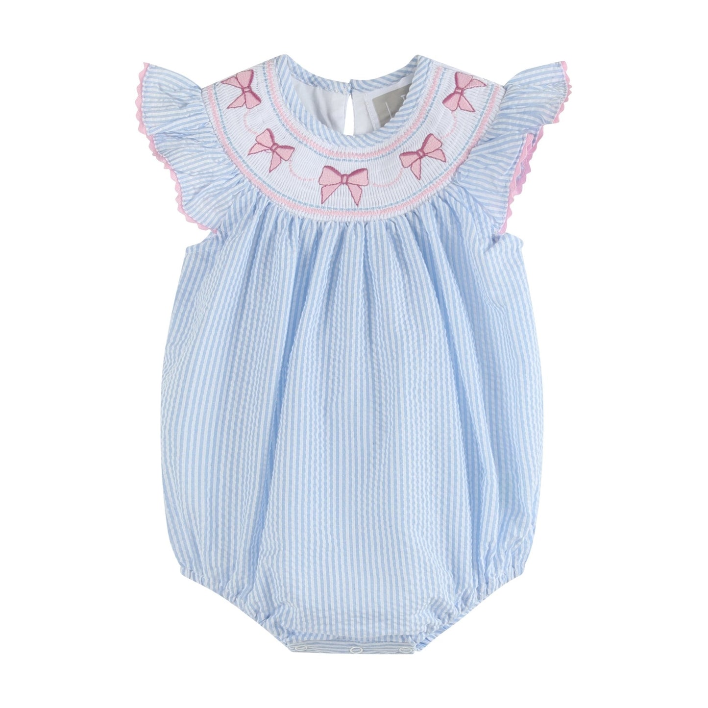 Blue Seersucker Bow Smocked Flutter Romper - Abbies Place