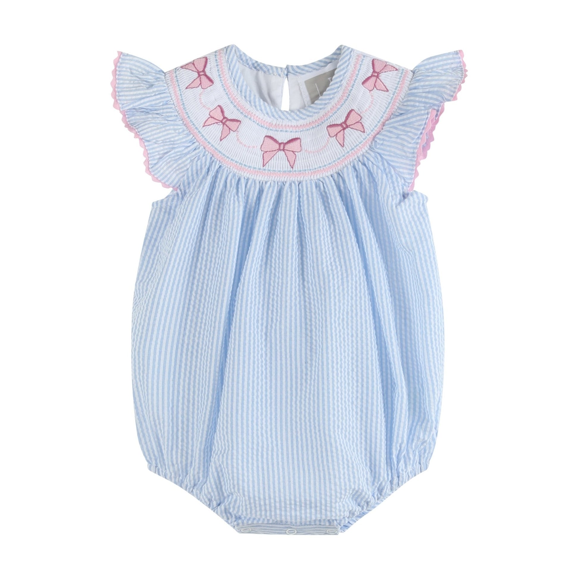 Blue Seersucker Bow Smocked Flutter Romper - Abbies Place