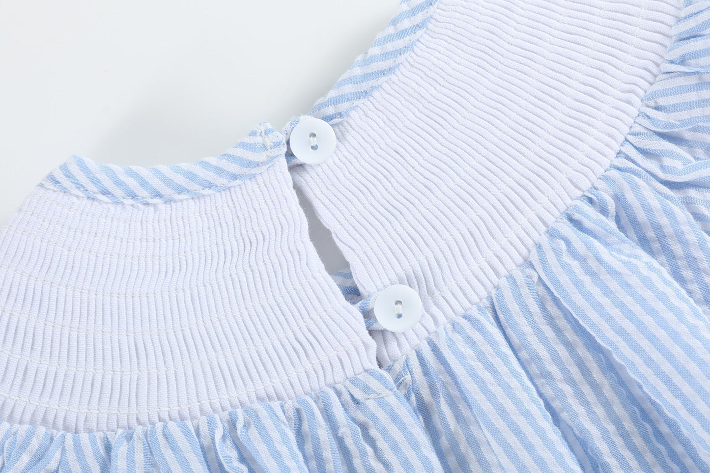 Blue Seersucker Bow Smocked Flutter Romper - Abbies Place