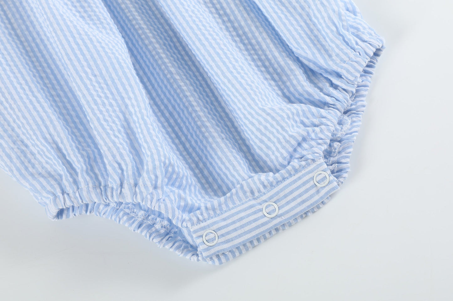 Blue Seersucker Bow Smocked Flutter Romper - Abbies Place