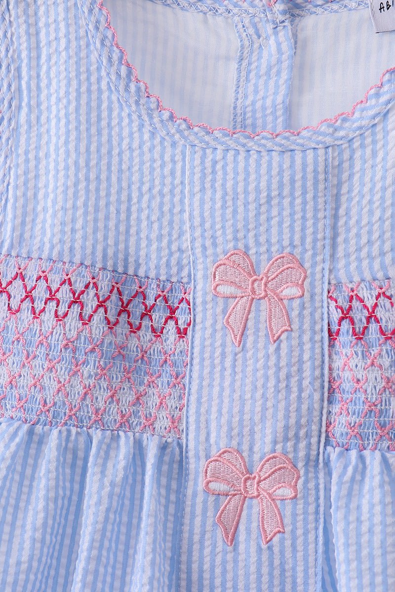 Blue seersucker bow smocked ruffle shorts set - Abbies Place