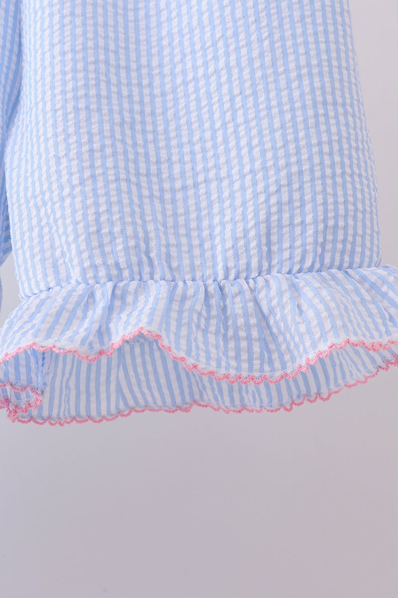 Blue seersucker bow smocked ruffle shorts set - Abbies Place