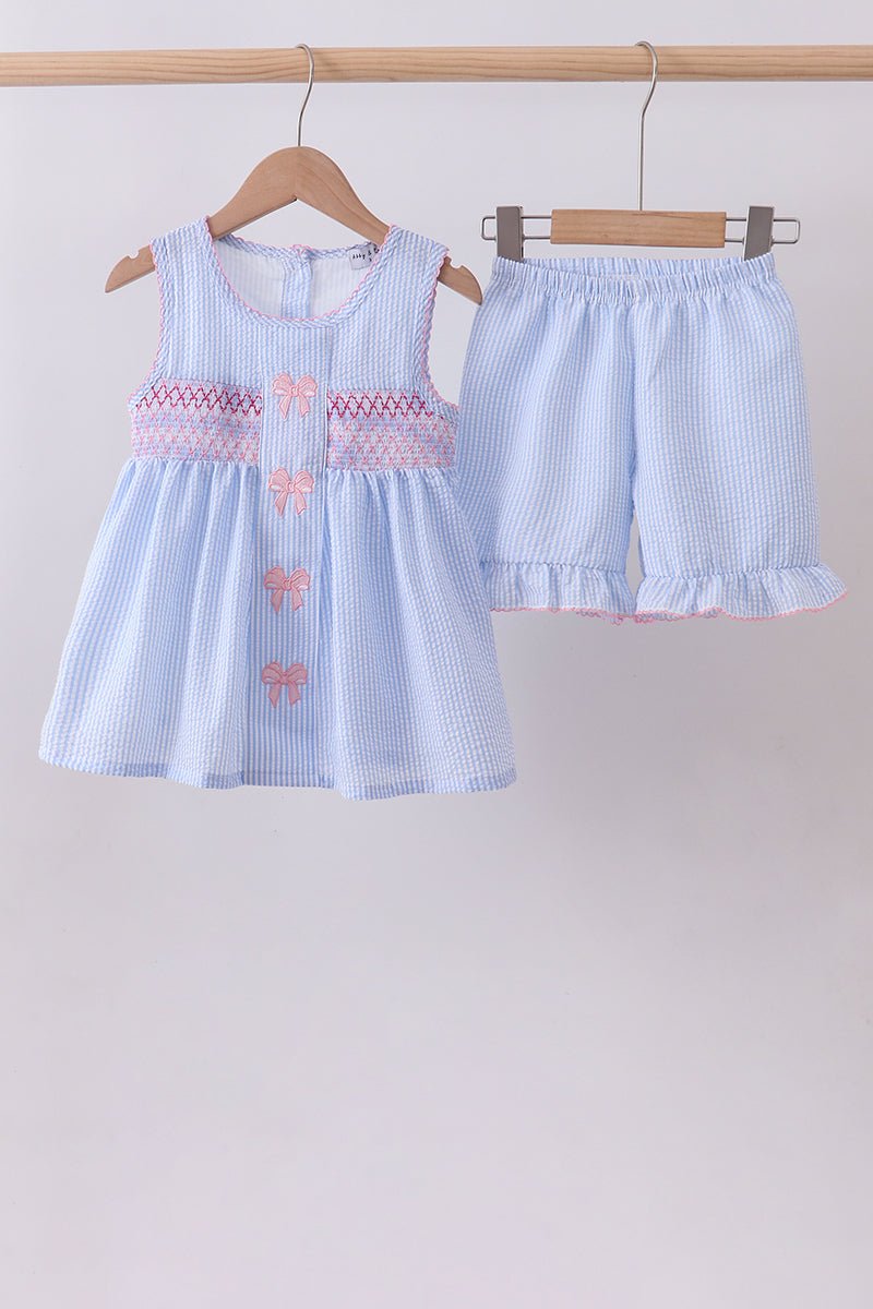 Blue seersucker bow smocked ruffle shorts set - Abbies Place