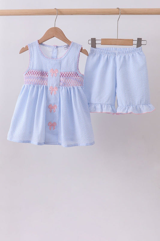 Blue seersucker bow smocked ruffle shorts set - Abbies Place
