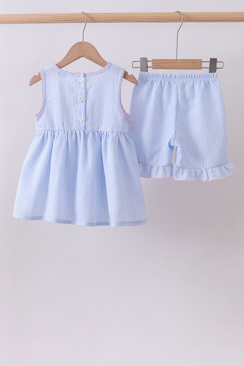 Blue seersucker bow smocked ruffle shorts set - Abbies Place