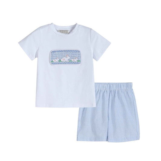 Blue Seersucker Bunnies Smocked Shirt and Shorts Set - Abbies Place