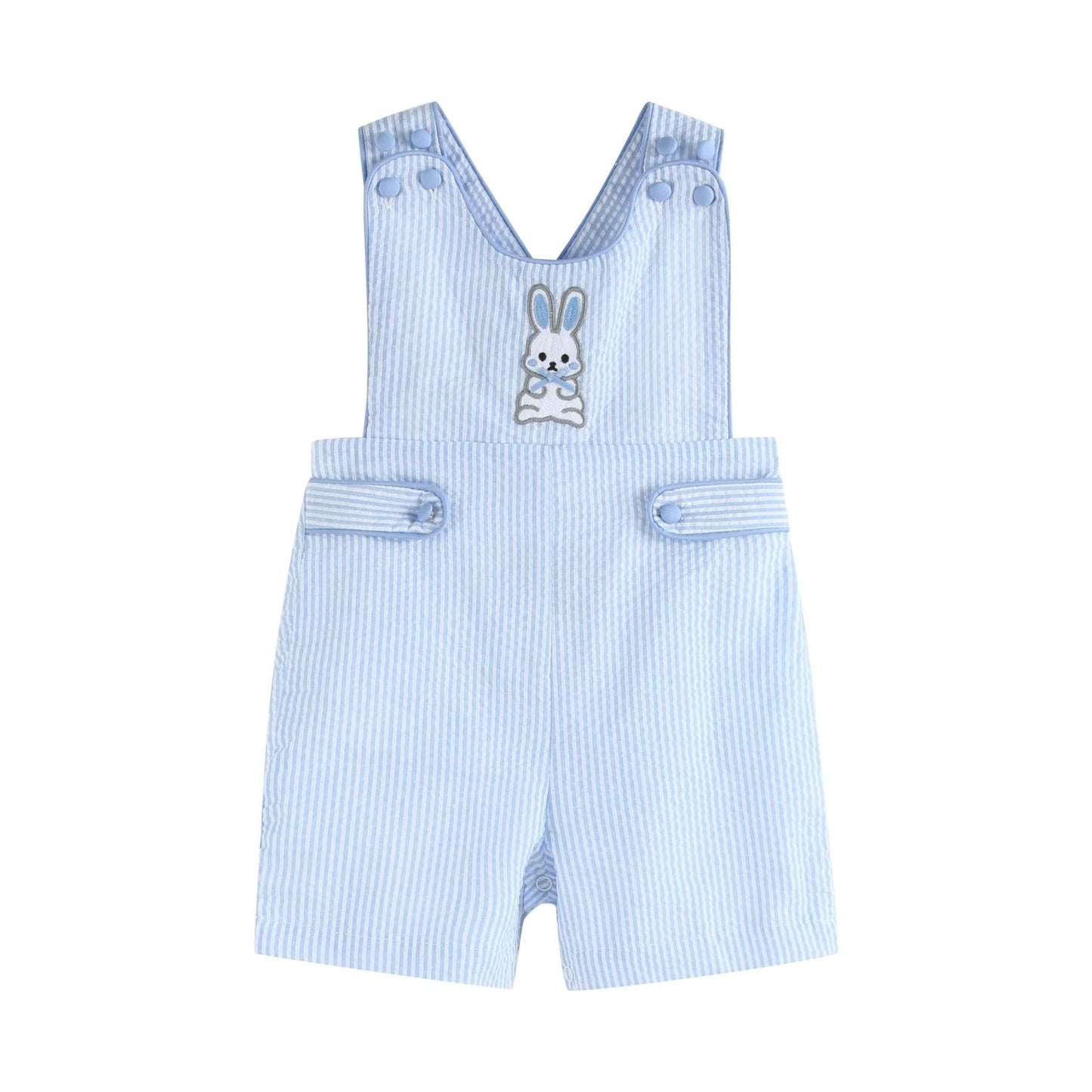 Blue Seersucker Easter Bunny Shortalls - Abbies Place