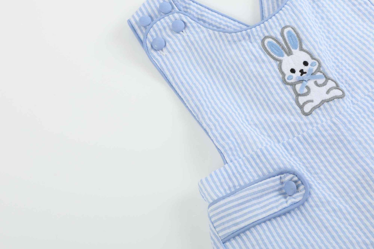 Blue Seersucker Easter Bunny Shortalls - Abbies Place