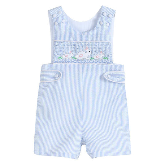 Blue Seersucker Easter Bunny Smocked Jon Jons - Abbies Place