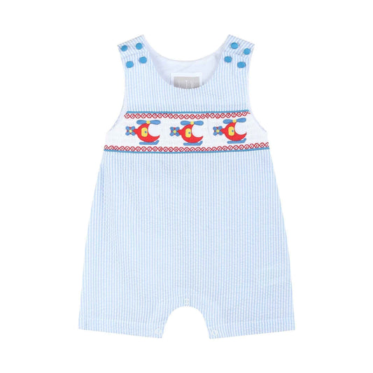 Blue Seersucker Helicopter Smocked Shortalls - Abbies Place