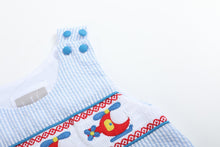 Load image into Gallery viewer, Blue Seersucker Helicopter Smocked Shortalls
