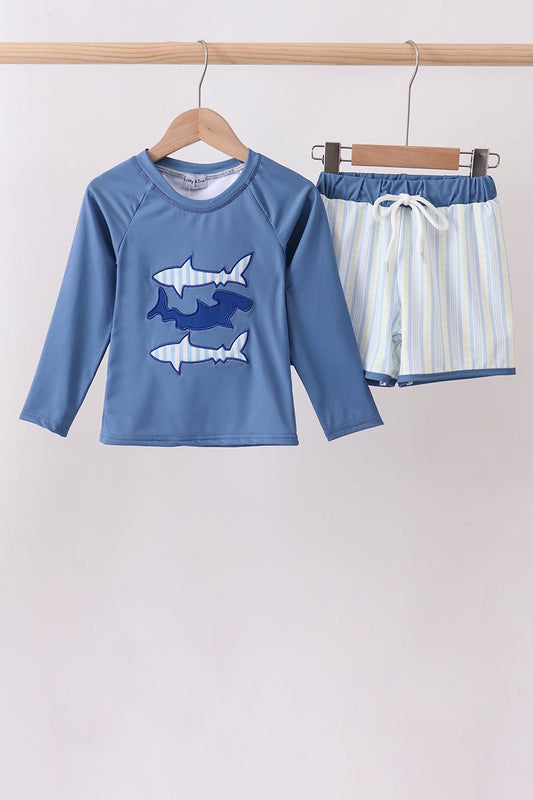 Blue shark applique stripe 2pc swimsuit - Abbies Place