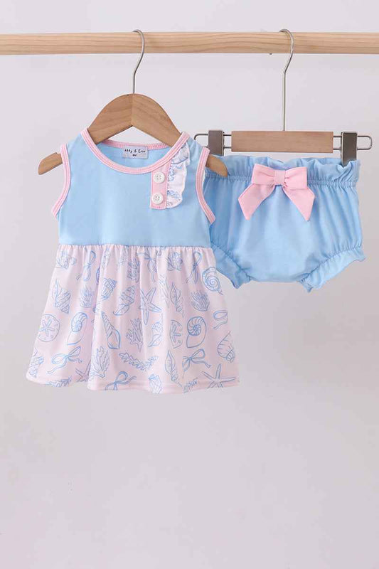 Blue shell starfish print bow bloomer set - Abbies Place