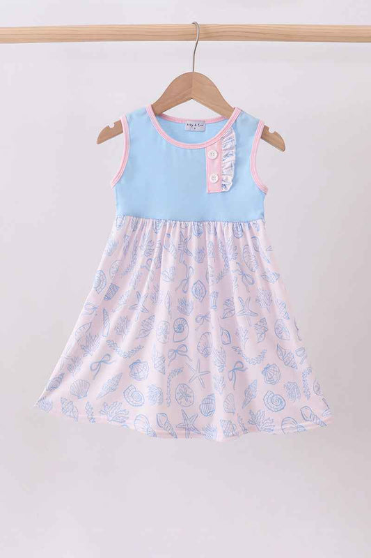 Blue shell starfish print ruffle dress - Abbies Place