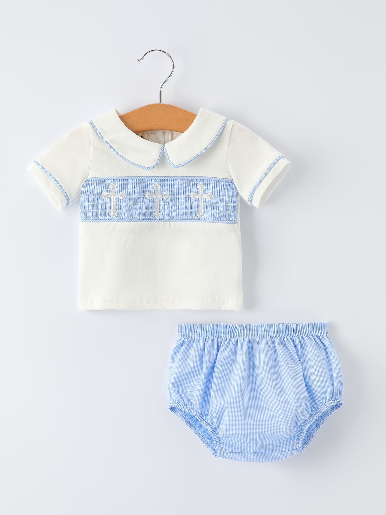 Blue Smocked Church Christ Bishop Christening Baby Boy Bloomer Set - Abbies Place