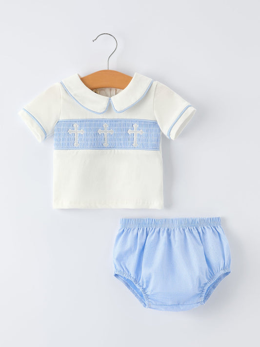 Blue Smocked Church Christ Bishop Christening Baby Boy Bloomer Set - Abbies Place