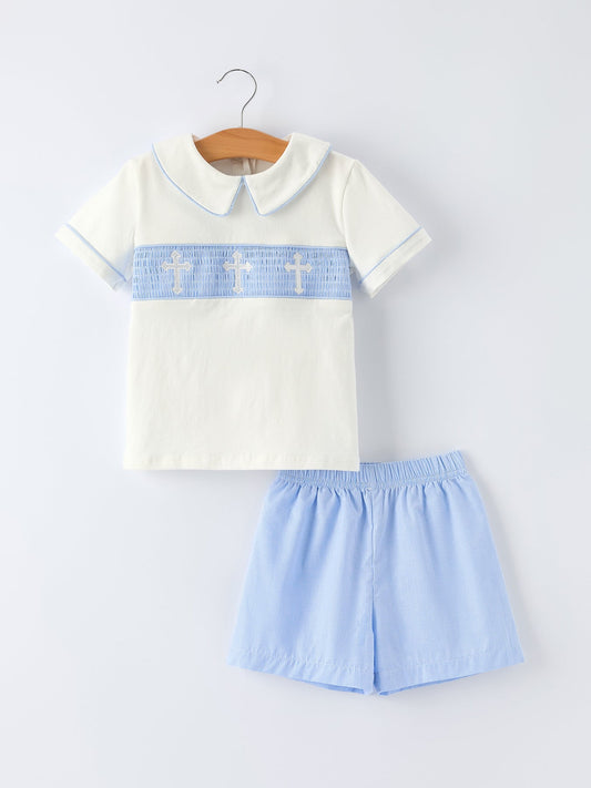 Blue Smocked Church Christ Bishop Christening Toddler Boys'Set - Abbies Place