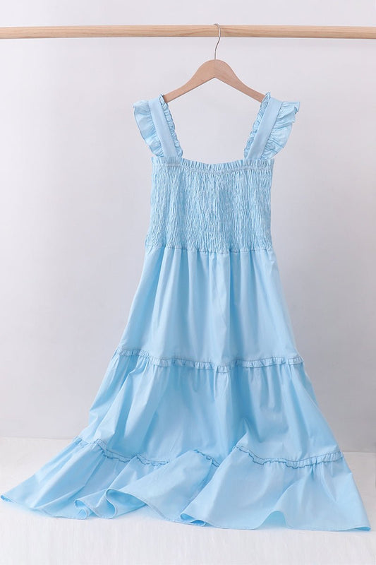 Blue smocked ruffle tiered dress - Abbies Place