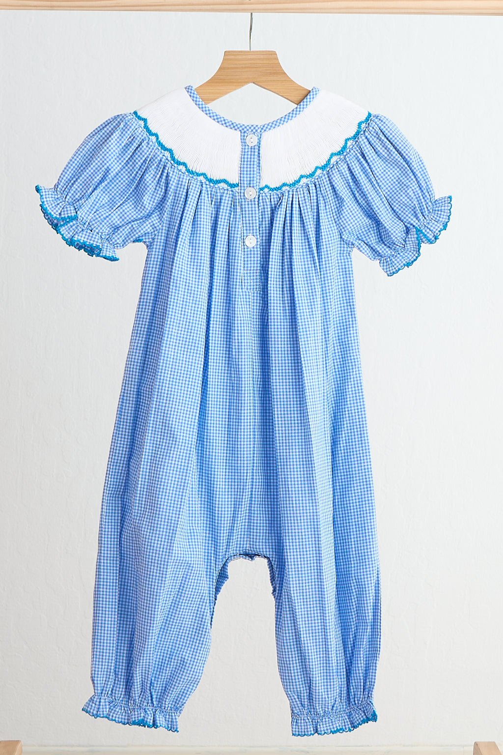 Blue snow princess hand smocked gingham girl romper - Abbies Place