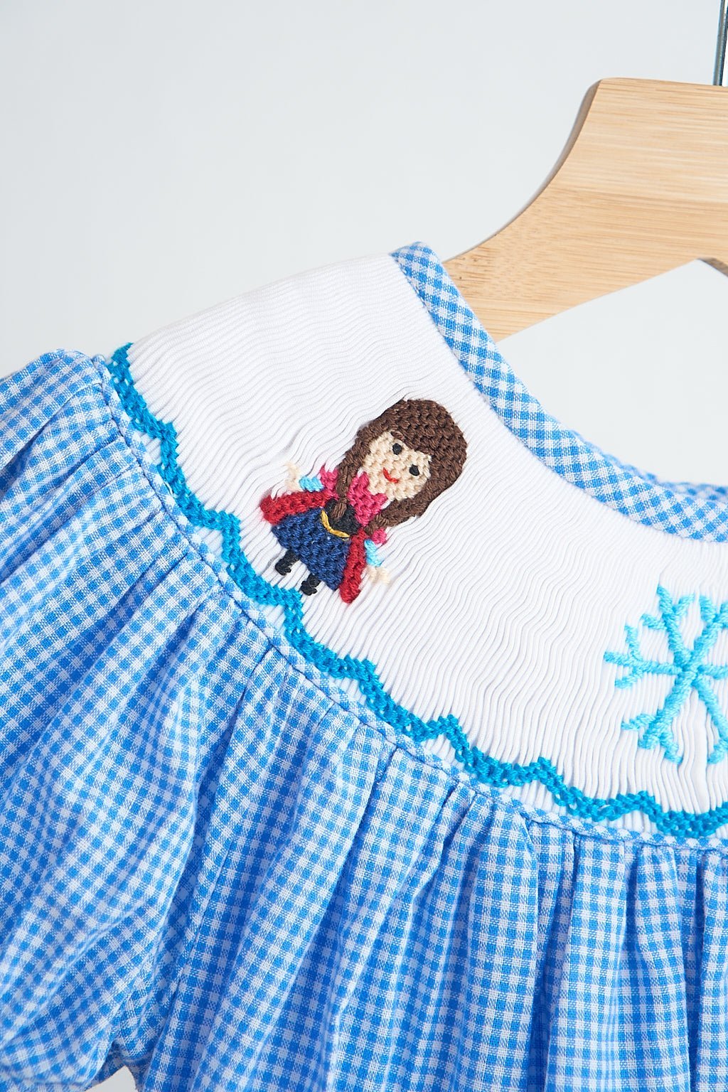 Blue snow princess hand smocked gingham girl romper - Abbies Place