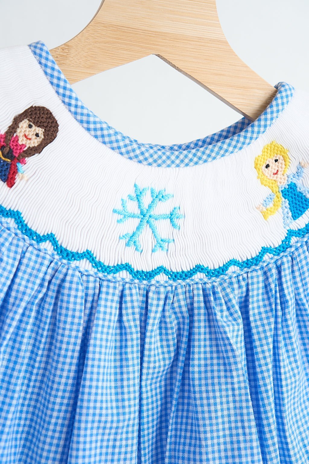 Blue snow princess hand smocked gingham girl romper - Abbies Place