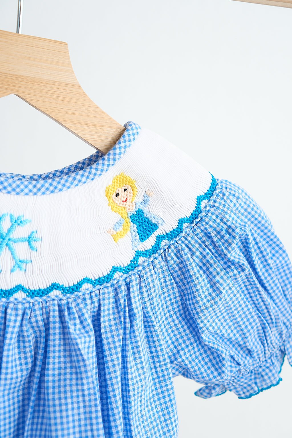 Blue snow princess hand smocked gingham girl romper - Abbies Place