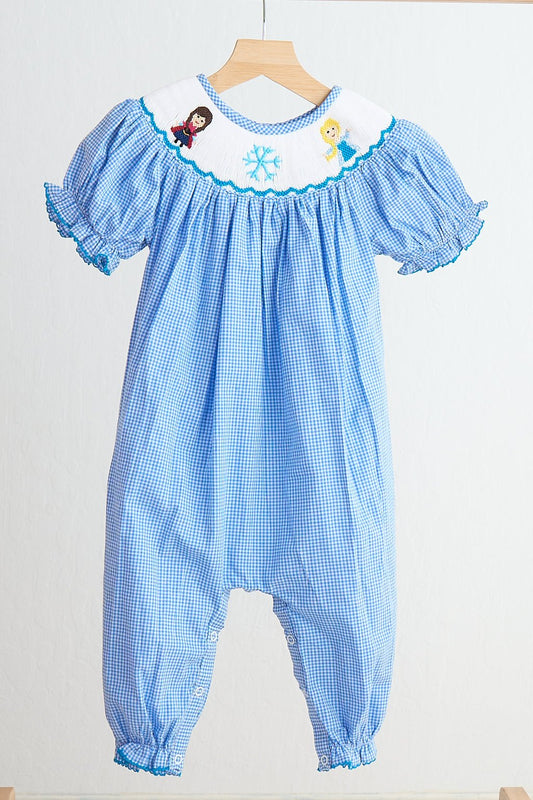 Blue snow princess hand smocked gingham girl romper - Abbies Place
