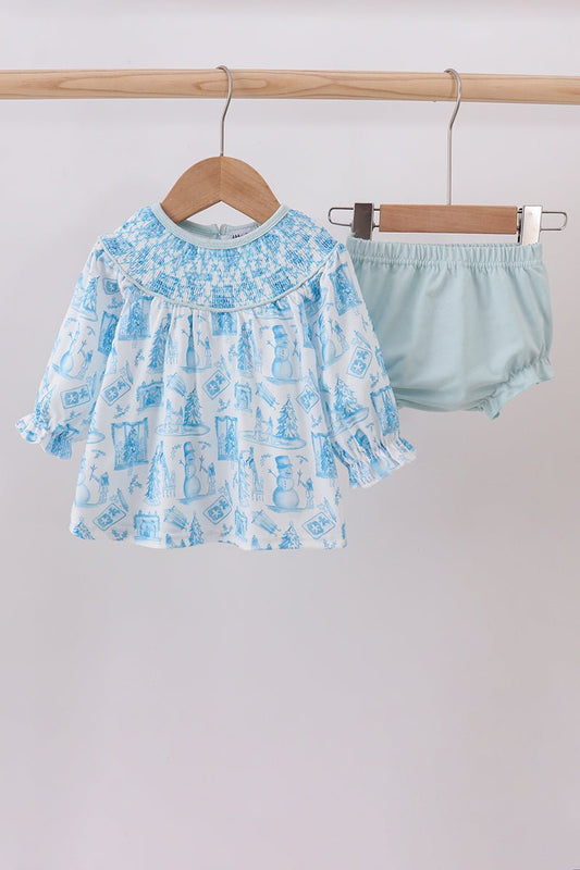 Blue snowman christmas tree smocked bloomer set - Abbies Place