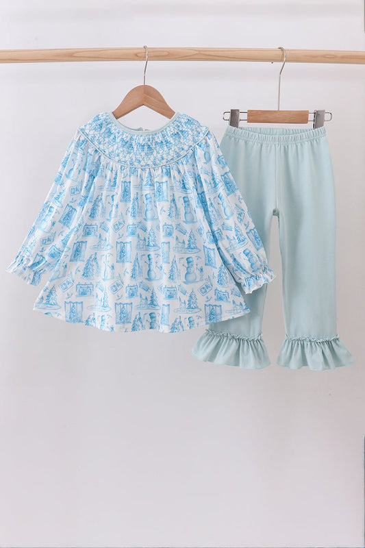 Blue snowman christmas tree smocked ruffle pants set - Abbies Place