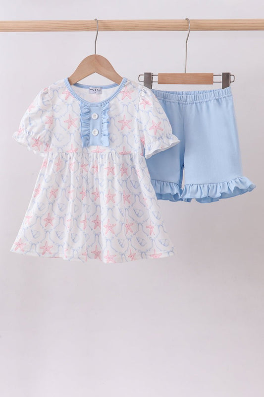 Blue starfish shell ruffle shorts set - Abbies Place