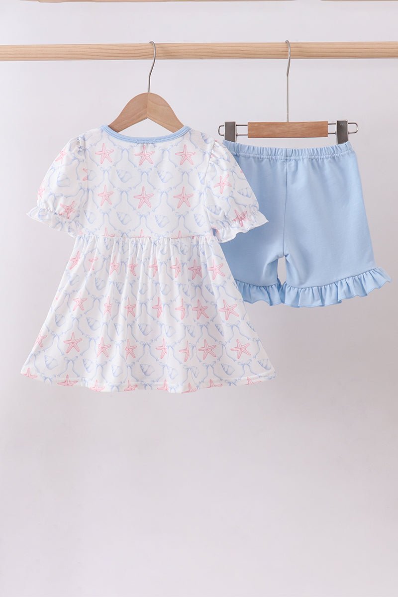 Blue starfish shell ruffle shorts set - Abbies Place