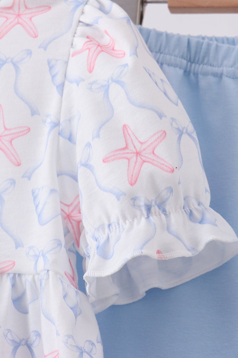 Blue starfish shell ruffle shorts set - Abbies Place
