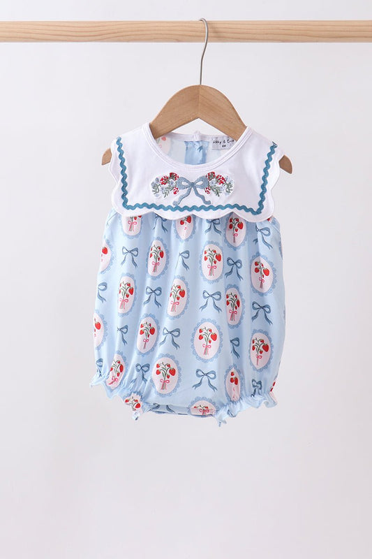 Blue strawberry bow embroidery bubble - Abbies Place