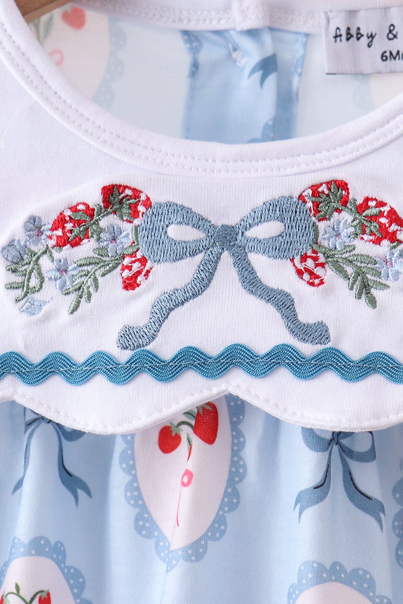 Blue strawberry bow embroidery bubble - Abbies Place