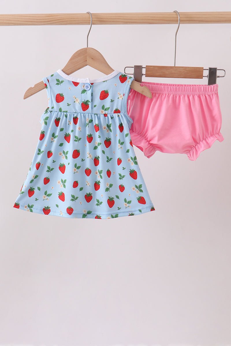 Blue Strawberry Embroidered Bow Bloomer Set - Abbies Place