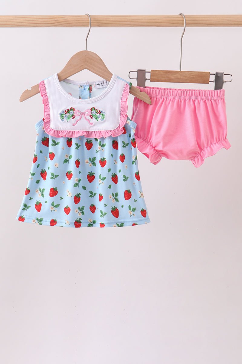 Blue Strawberry Embroidered Bow Bloomer Set - Abbies Place