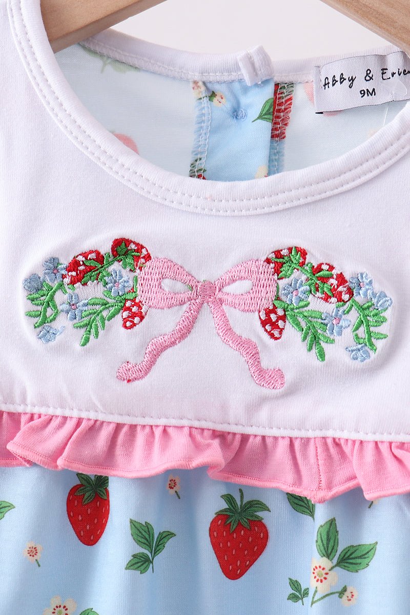 Blue Strawberry Embroidered Bow Bloomer Set - Abbies Place