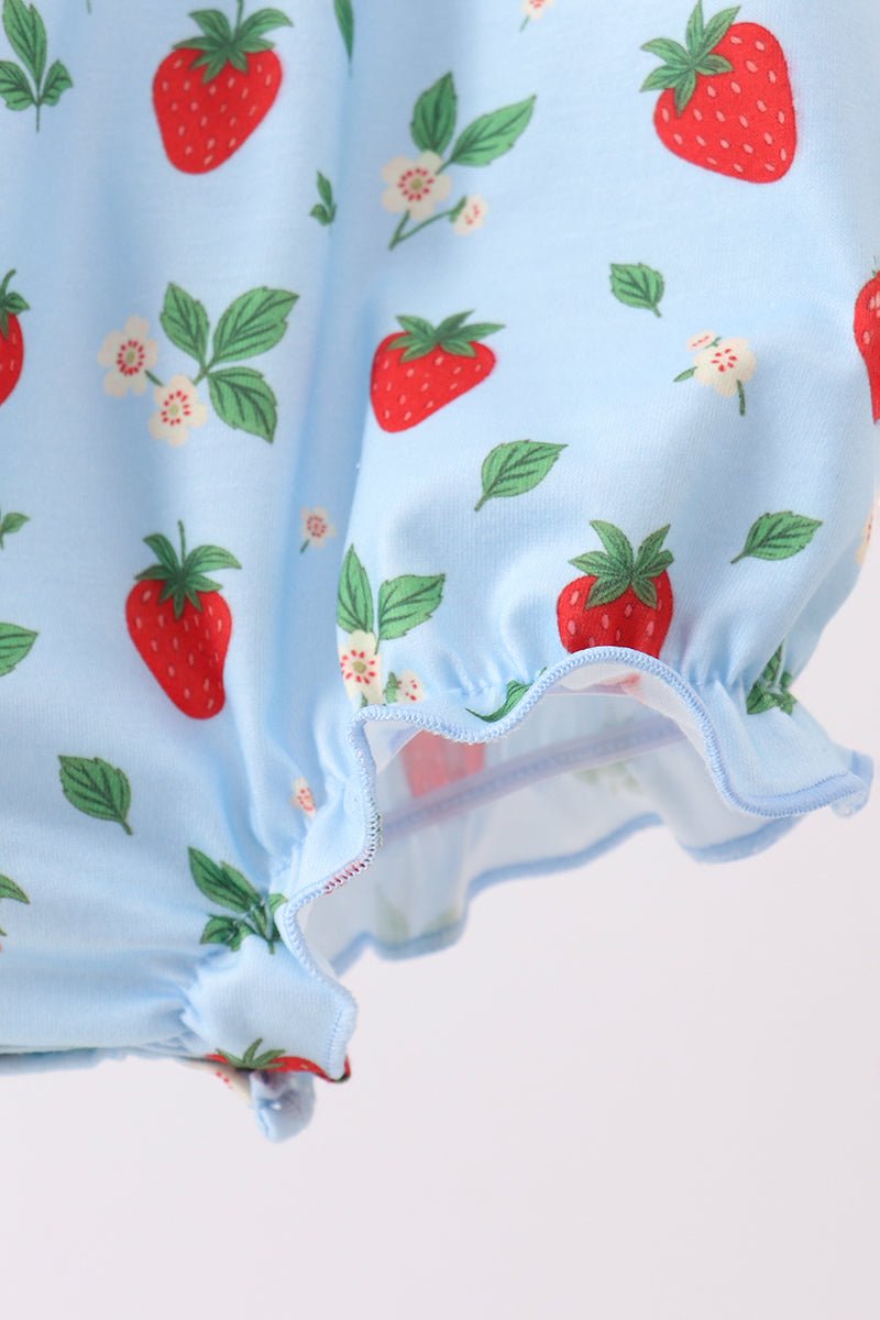 Blue Strawberry Embroidered Ruffle Bow Bubble - Abbies Place