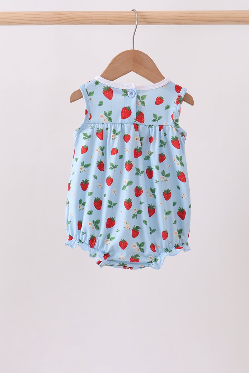 Blue Strawberry Embroidered Ruffle Bow Bubble - Abbies Place