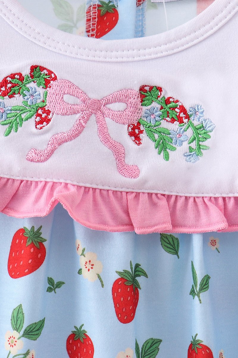Blue Strawberry Embroidered Ruffle Bow Bubble - Abbies Place